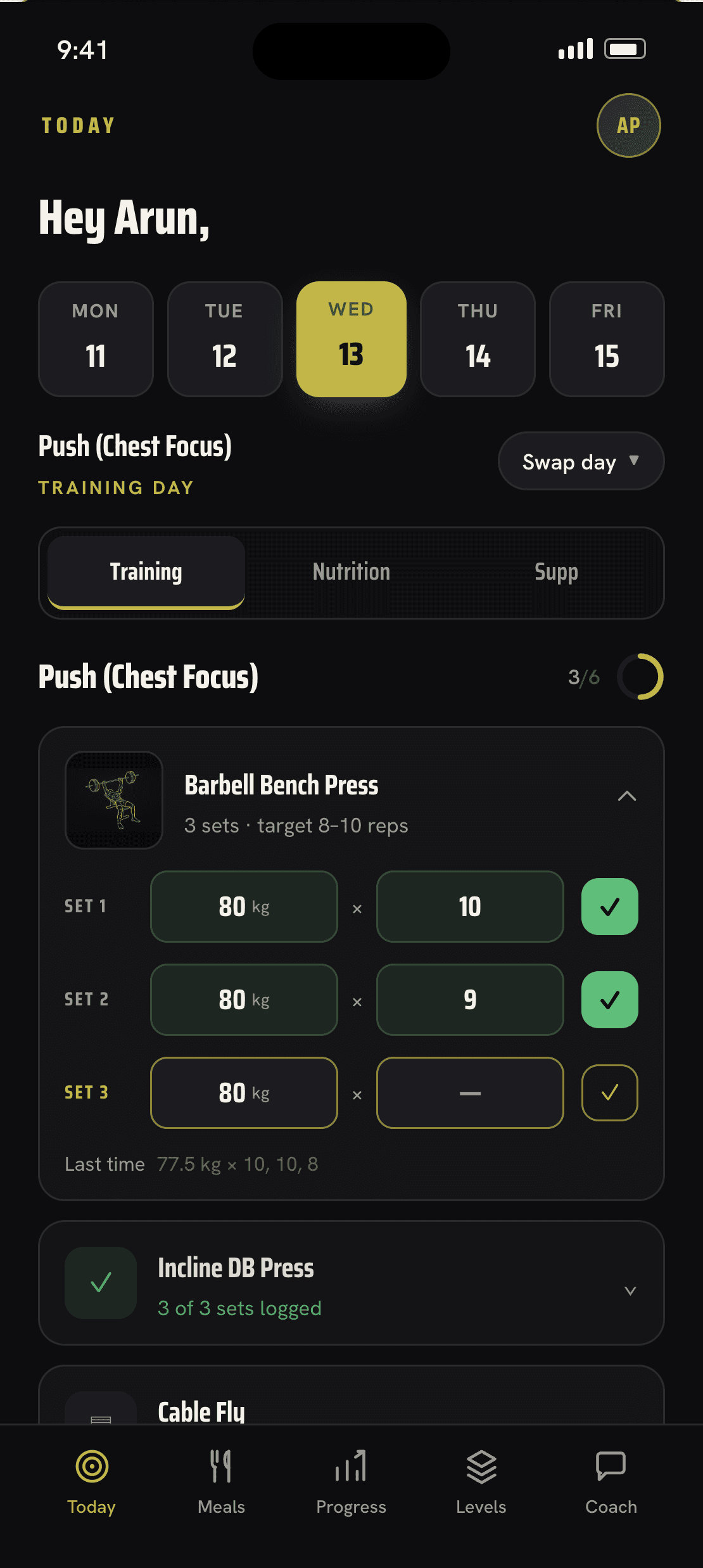Built by Balmer training design: daily schedule, exercise logging and Today, Meals, Progress, Levels and Coach navigation