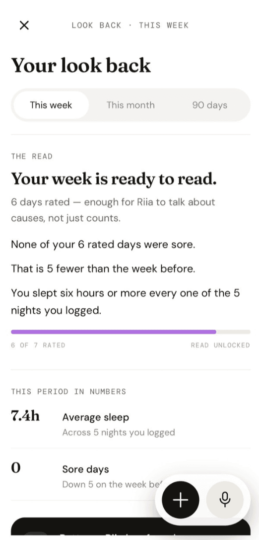 Weekly look back with sleep averages and skin ratings