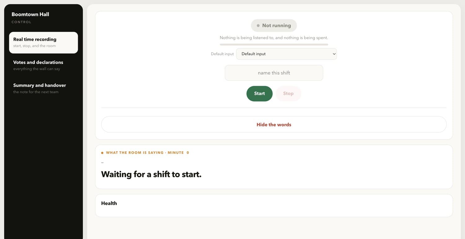 Boomtown Hall control interface: recording controls, input selection and the live view of what the room is saying.